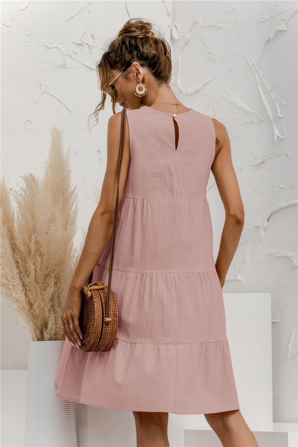 Solid Color Simple Round Neck Sleeveless Loose Swing Tank Dress Casual Wholesale Dresses