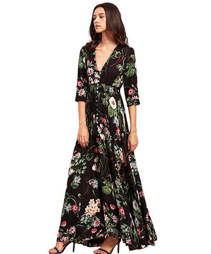 Printed Retro V-Neck Wide Hem Slit Design Vacation Dress Trendy Wholesale Maxi Dresses