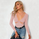 Solid Color Hollow Design Wholesale Blouse Deep V Sexy Women Clothing