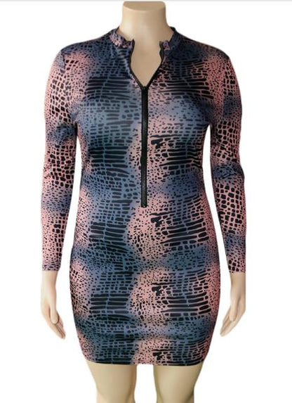 Plus Size Women Hollow Sexy Printed Zipper Long Sleeve Dress