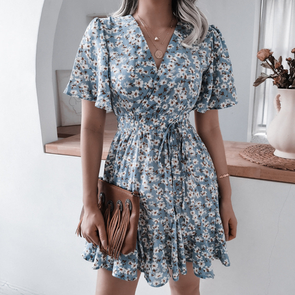 Floral Ruffle Pleats Flare Sleeve Wholesale Summer Dresses