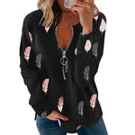 Feather Print V-Neck Zipper Long Sleeve Loose T-Shirt Womens Wholesale Tunics Tops Casual