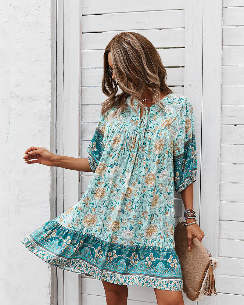 Loose Floral Printed Wholesale Dresses Short Sleeve Casual Dress