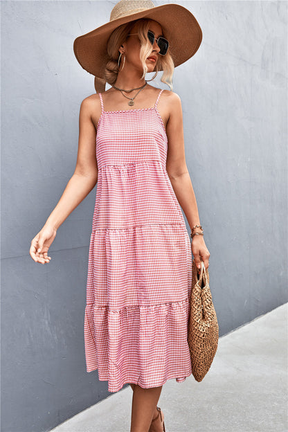 Plaid Sling Smocked Midi Dress Casual Vacation Wholesale Dresses