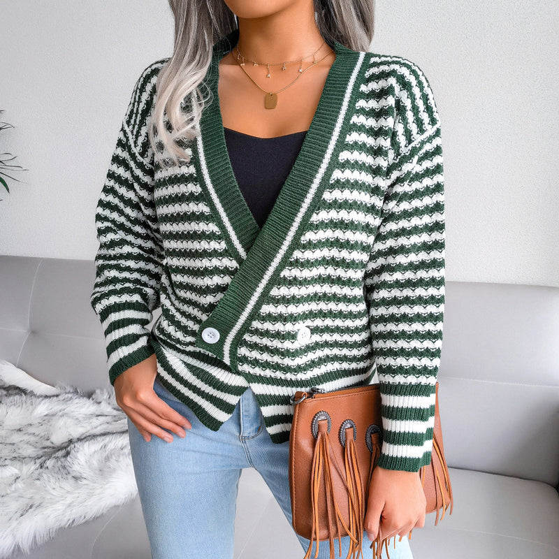 V Neck Striped Long Sleeve Knitted Sweater Wholesale