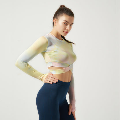 Long Sleeve Tie Dye Slim O-neck Asymmetrical Activewear Crop Top