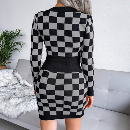 V-Neck Plaid Printing Sexy Knitted Dress Women