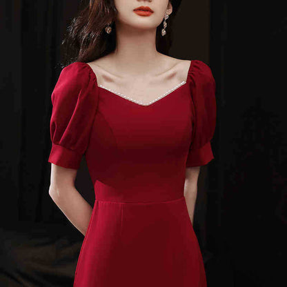 Puff Sleeve Slim Slit Midi Dress