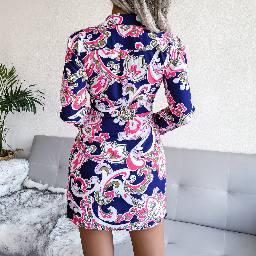 Turn Down Collar Long Sleeve Floral Print V Neck Tie Waist Wholesale Shirt Dresses