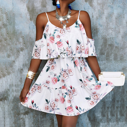 Off Shoulder Ruffled Hem Floral Graphic Dress