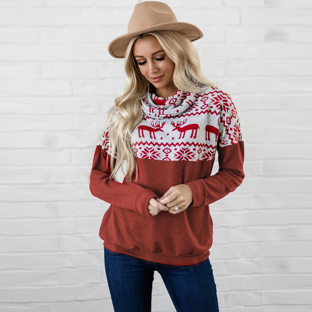 Women Pile Collar Christmas Deer Pattern Hoodie