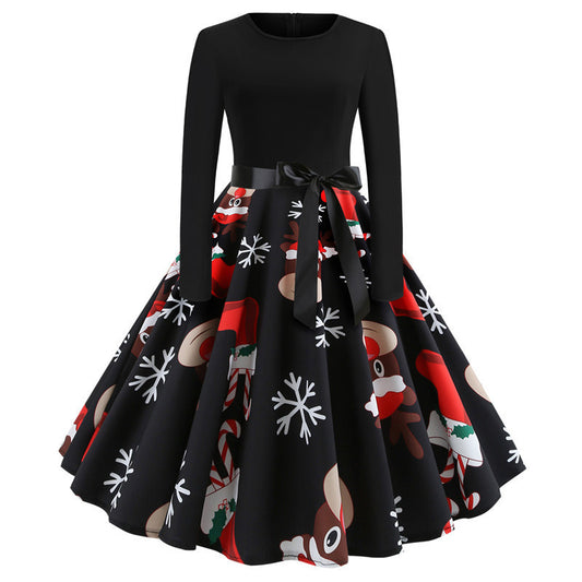 Christmas Crek-Neck Christmas Print Retro Dress