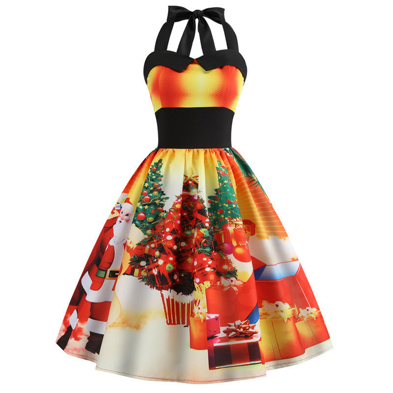 Christmas Printed Backpack Waist Hanging Neck Dress Women Wholesale