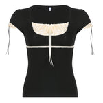Stitching Lace Square Tieback Bowknot Wholesale T Shirts Casual Womens Tops