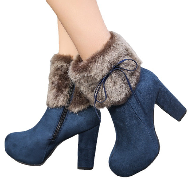 Winter Shoes Women Square High Heels Fur Warm Boots