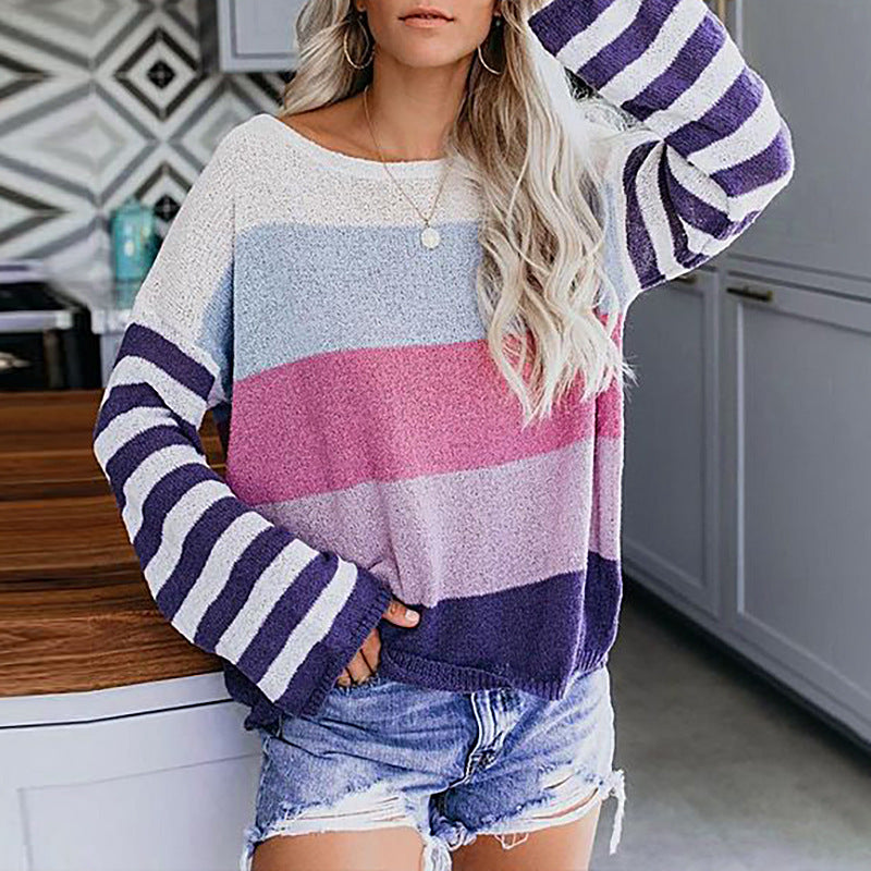 Hit Color Stripe Loose Sweater Wholesale Women Clothing