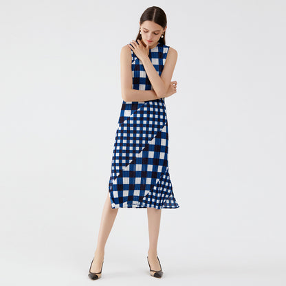 Sleeveless Gingham Patchwork O-Neck Slim Slit Midi Dress