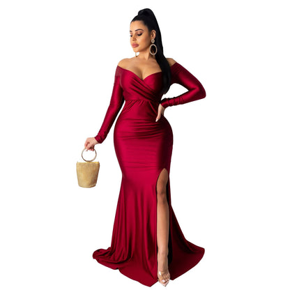 V-Neck Solid Color Nightclub Long Sleeve Maxi Dress Wholesale Supplier