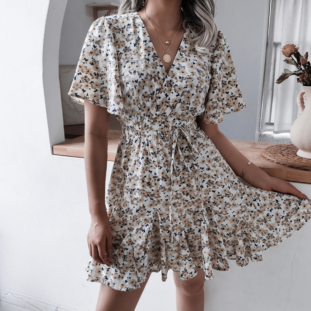 Floral Ruffle Pleats Flare Sleeve Wholesale Summer Dresses