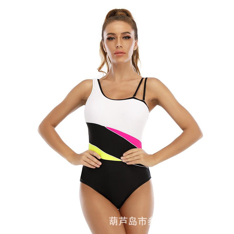 Sport Style One Piece Swimwears Triangle Colorblock Backless Swimsuit Vendors Wholesale