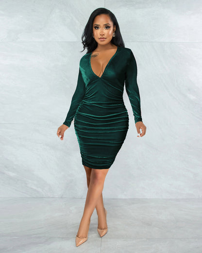 Sexy Velvet Dresses Bodycon Dress Wholesale Dresses V-Neck Solid Color Dress