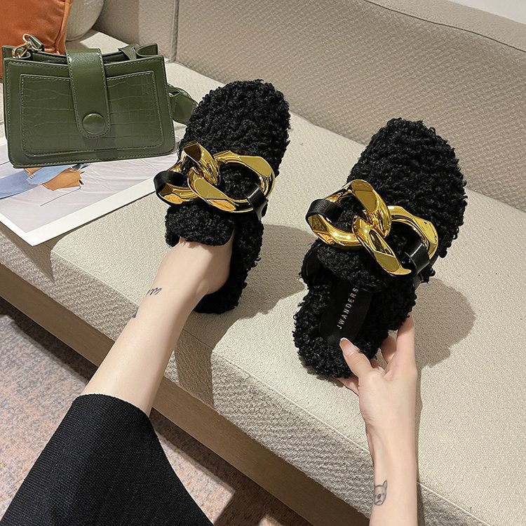 Chain Furry Half Slippers Mules Wholesale Shoes Fashion Warm Plush Slippers