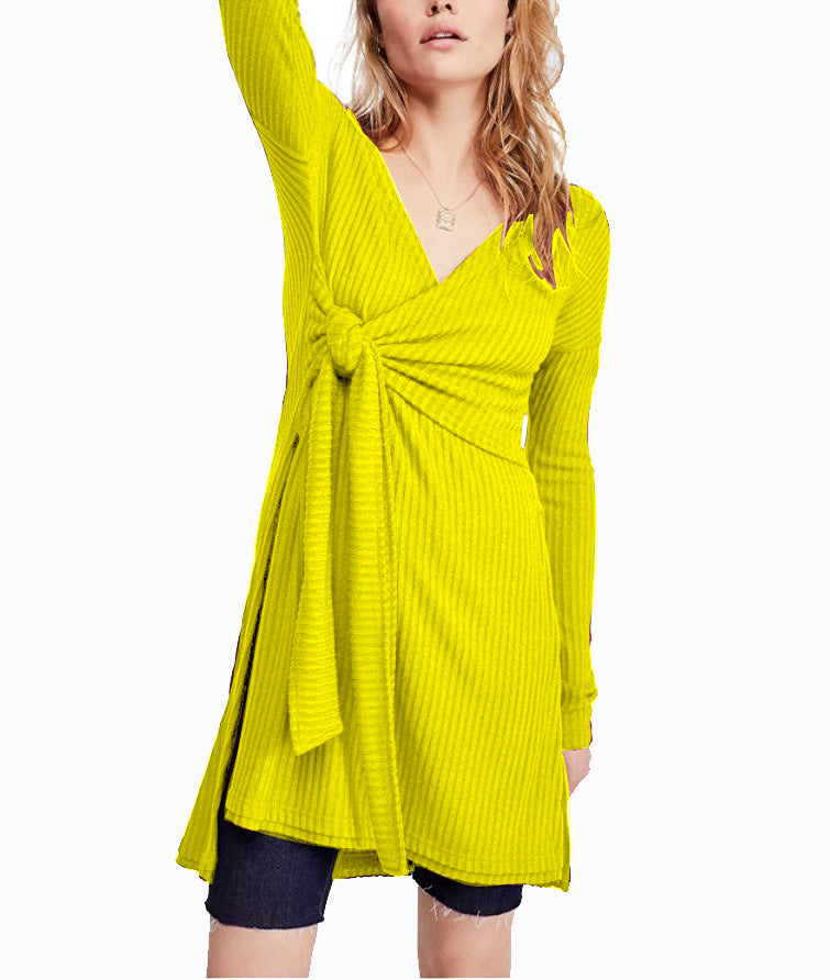 Solid Color Long Sleeve V Neck Tieback Design Slit T Shirt Dress Wholesale Casual Dresses