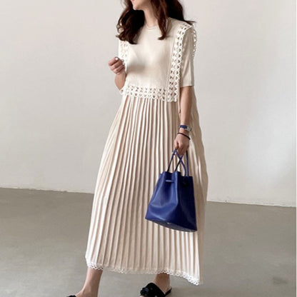 Retro Lace Stiching Pleated Hem Casual Loose Midi Dress Wholesale Dresses Short Sleeve