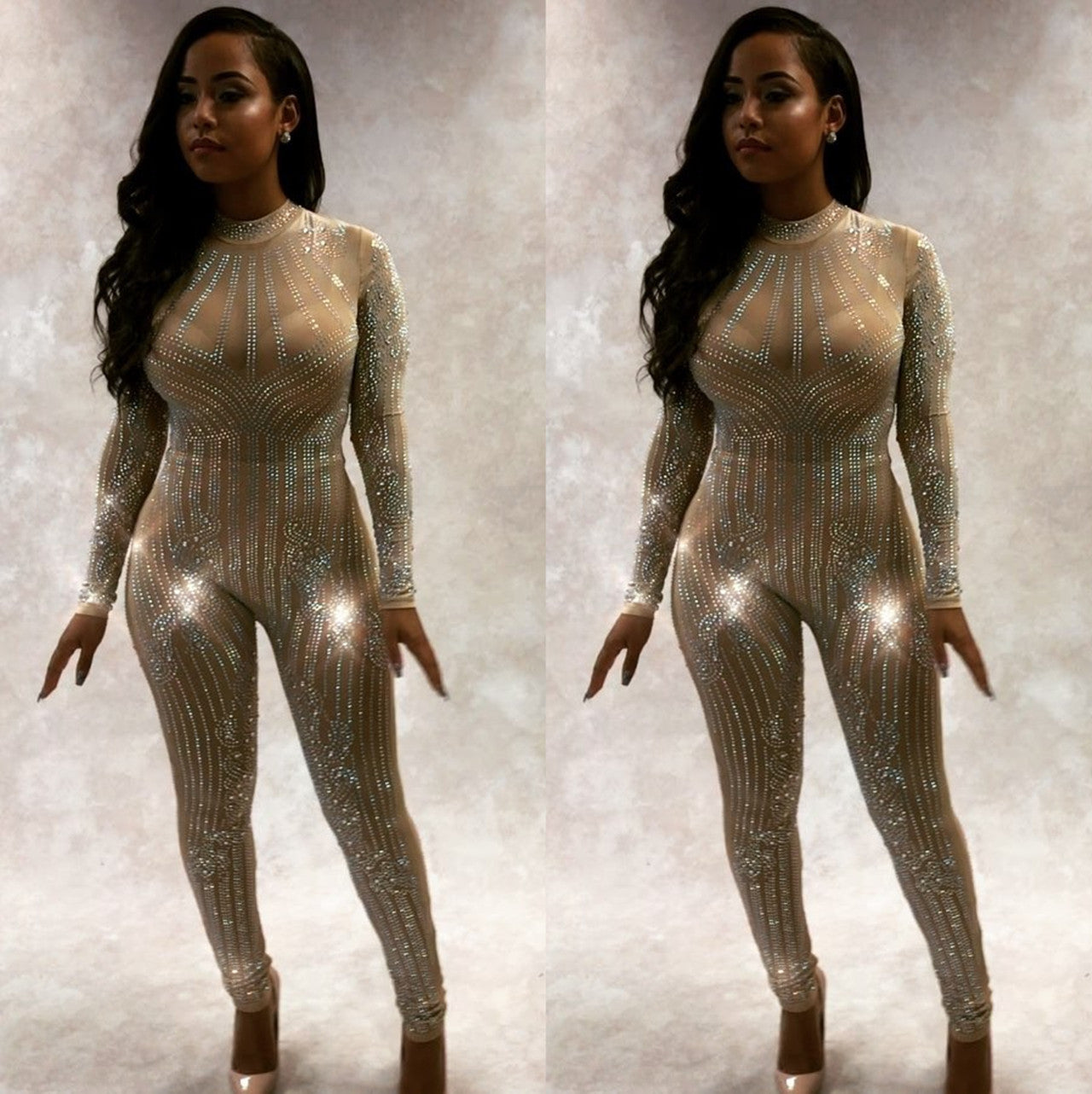 Mesh Hot Drilling Long Sleeve Women Jumpsuit