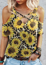 Sunflower Printed Sling Strap Off Shoulder Women'S Wholesale T Shirts