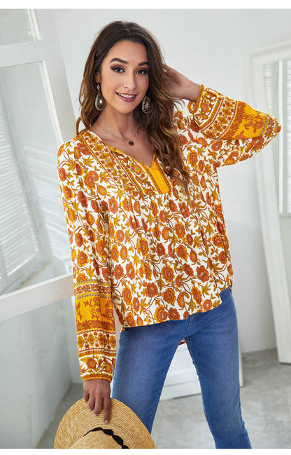 V-Neck Printed Loose Lantern Sleeve Top Sweatshirt