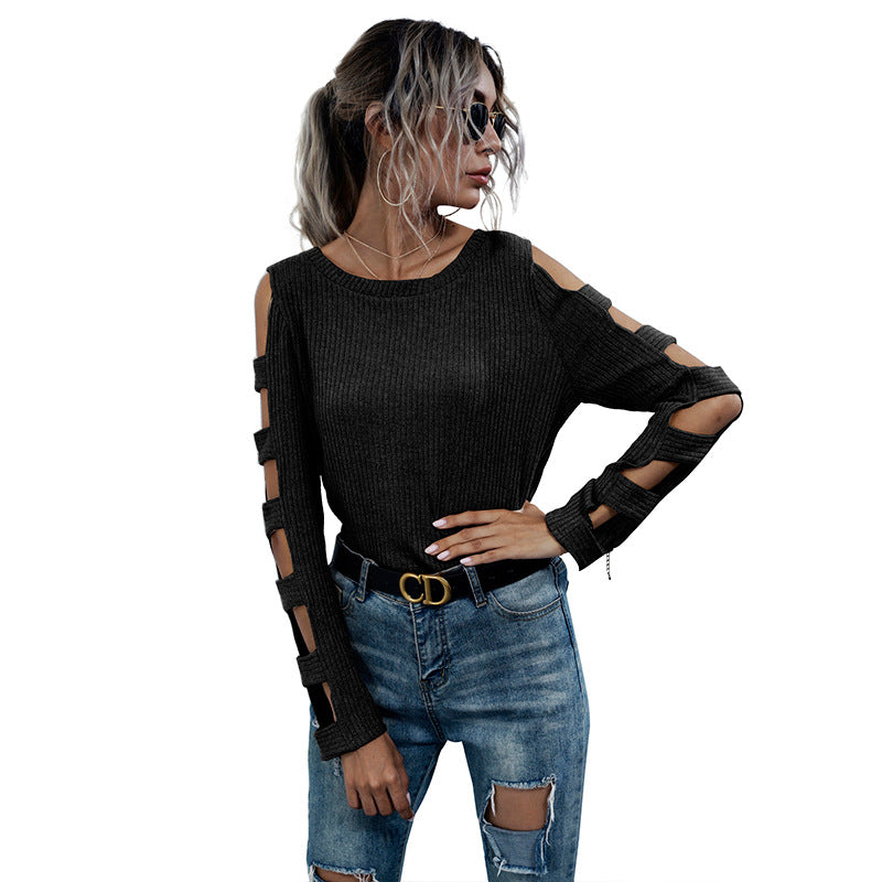 Hollow Black Long Sleeve Wholesale Women Top