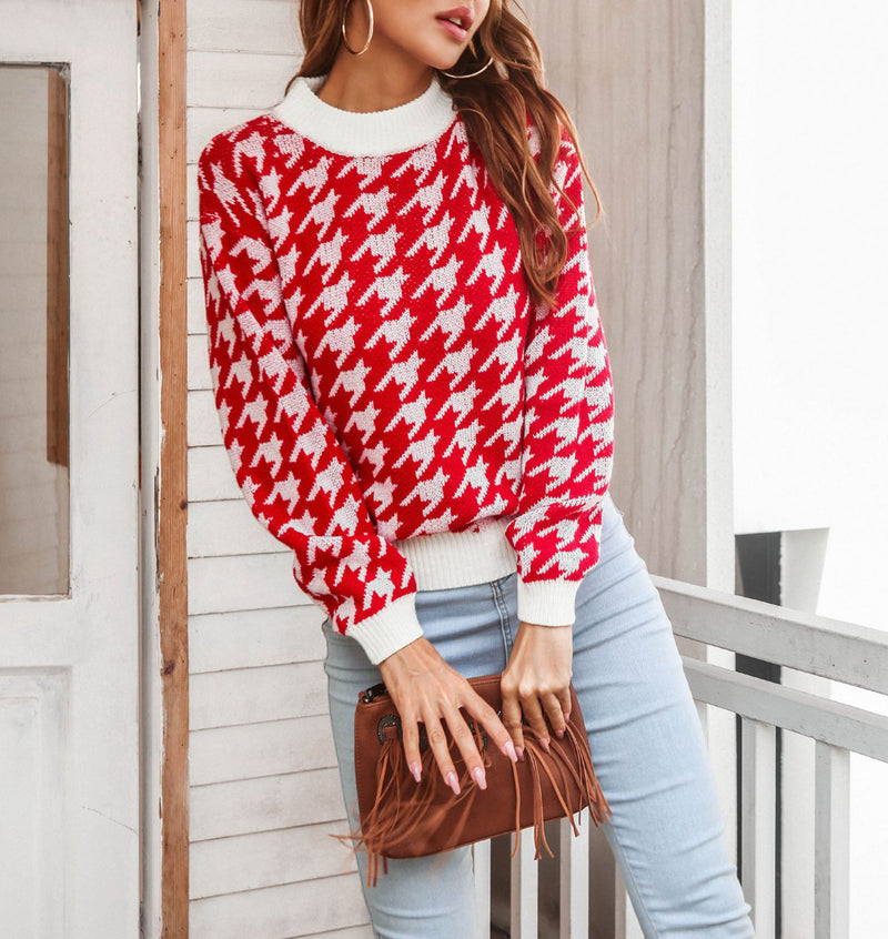 Houndstooth Pattern Round Neck Sweater Wholesale Clothing SS070039