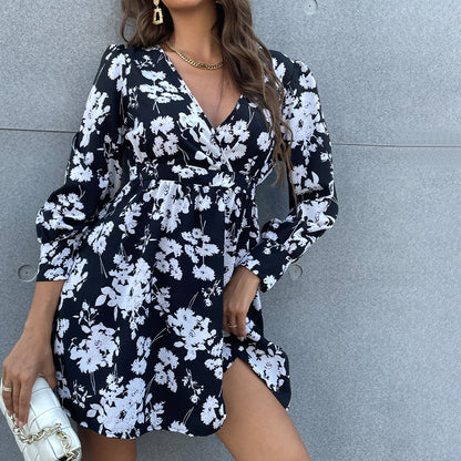 Deep V Neck Pullover Fashion Floral Printed Long Sleeve Wholesale Dresses Loose SD203077