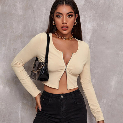 Regular Zipper Knitting O-neck Crop Top