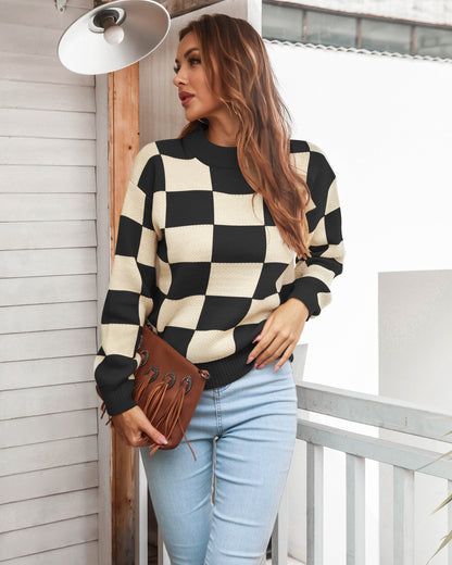 Long Sleeve Plaid Round Neck Sweater Wholesale Clothing SS070034