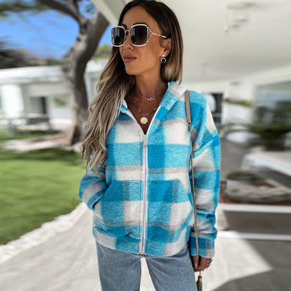 New Fall Women Plaid Zip Hoodie