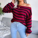 Off  Shoulder Casual Loose Striped Knitted Sweater Tops