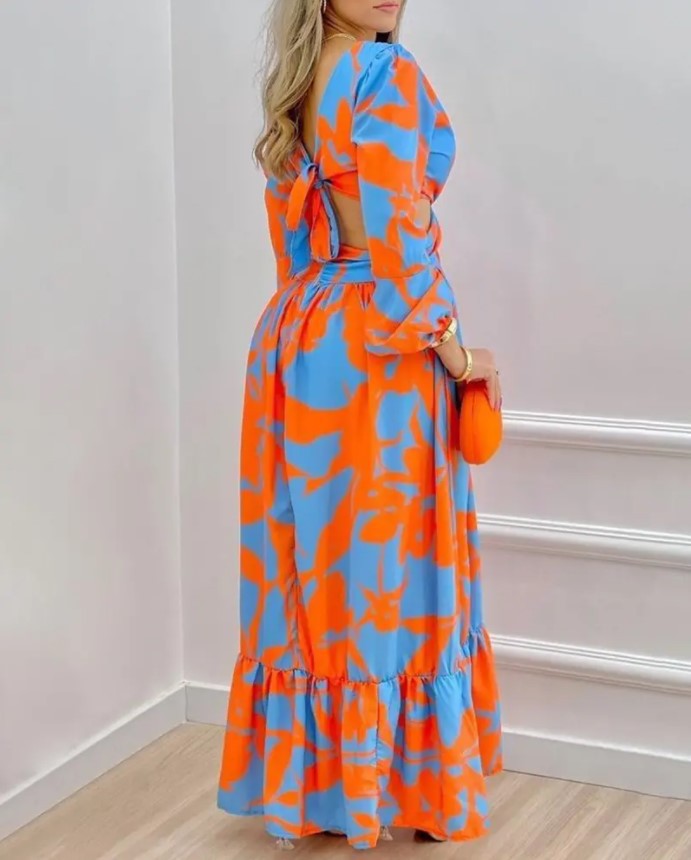 Printed Fashion Cutout Open Back Lantern Sleeve Sling Swing Drsses Crossover Wrap Chest Vacation Wholesale Maxi Dresses