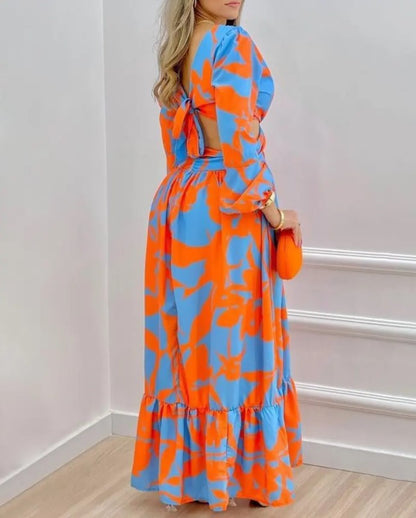 Printed Fashion Cutout Open Back Lantern Sleeve Sling Swing Drsses Crossover Wrap Chest Vacation Wholesale Maxi Dresses