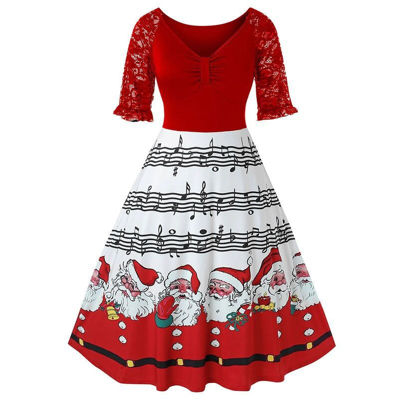 Santa Print Lace T Shirt Wholesale Women Dress