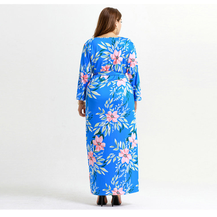 Plus Size Floral Slit Belt Up Maxi Dress
