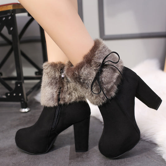 Winter Shoes Women Square High Heels Fur Warm Boots