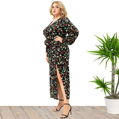 Plus Size Women Long Sleeve Floral Split Dress Wholesale