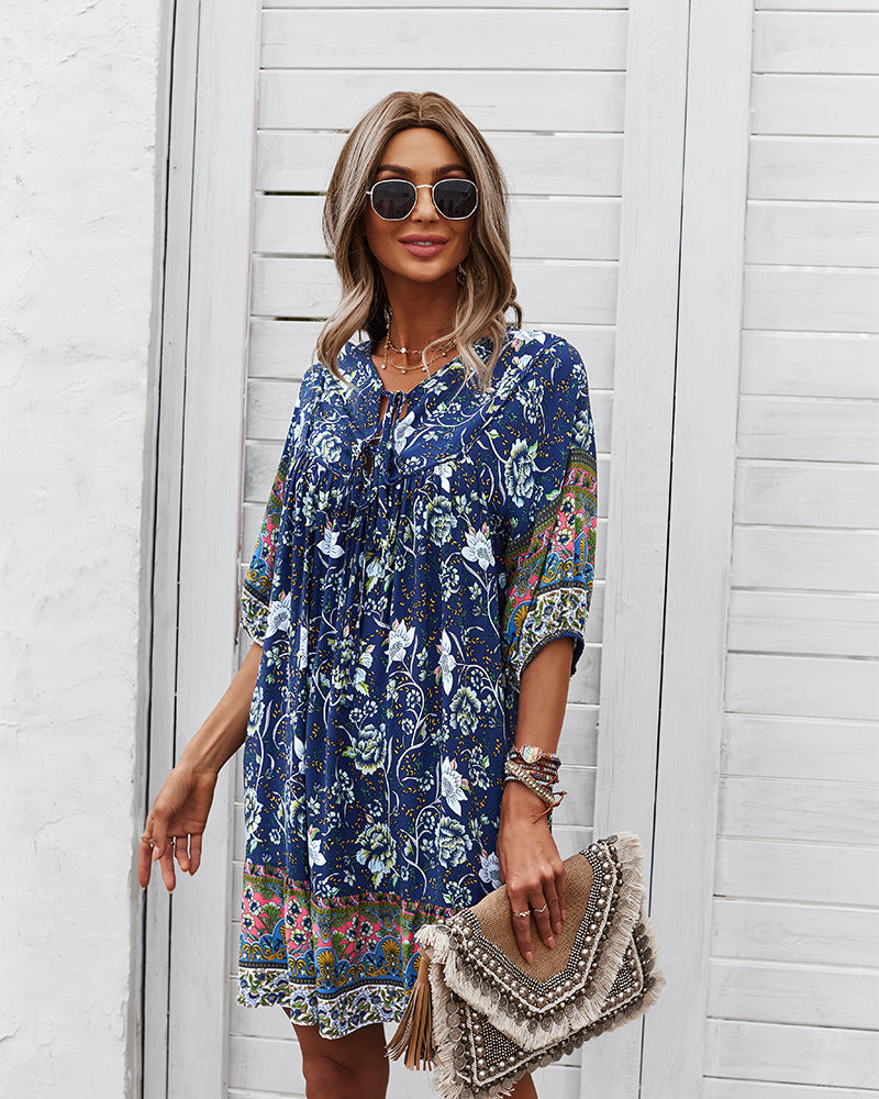 Loose Floral Printed Wholesale Dresses Short Sleeve Casual Dress