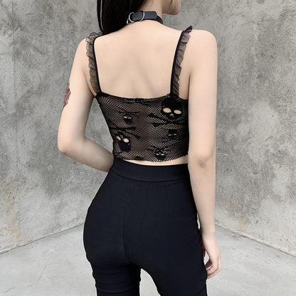 Skull Printed Hollow Design Dark Style Wholesale Crop Tops Black Lace