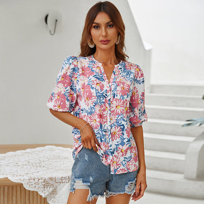 Fashion Floral Tops Loose Casual Single Breasted Womens T Shirts Wholesale