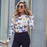 Butterfly Printed Long Sleeve Ladies T-Shirt Top Trendy Wholesale Crop Tops