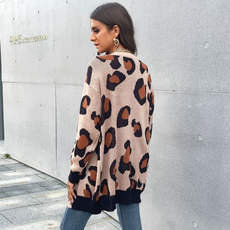 Women Wholesale Clothing Outwear Leopard Pattern Knitted Long Cardigan