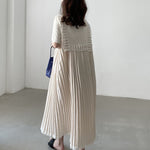 Retro Lace Stiching Pleated Hem Casual Loose Midi Dress Wholesale Dresses Short Sleeve